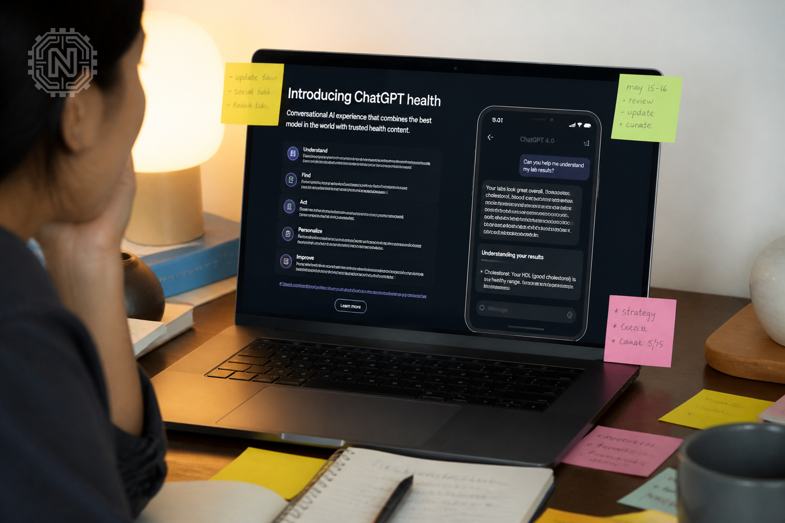 Laptop screen showcasing ChatGPT Health features with sticky notes