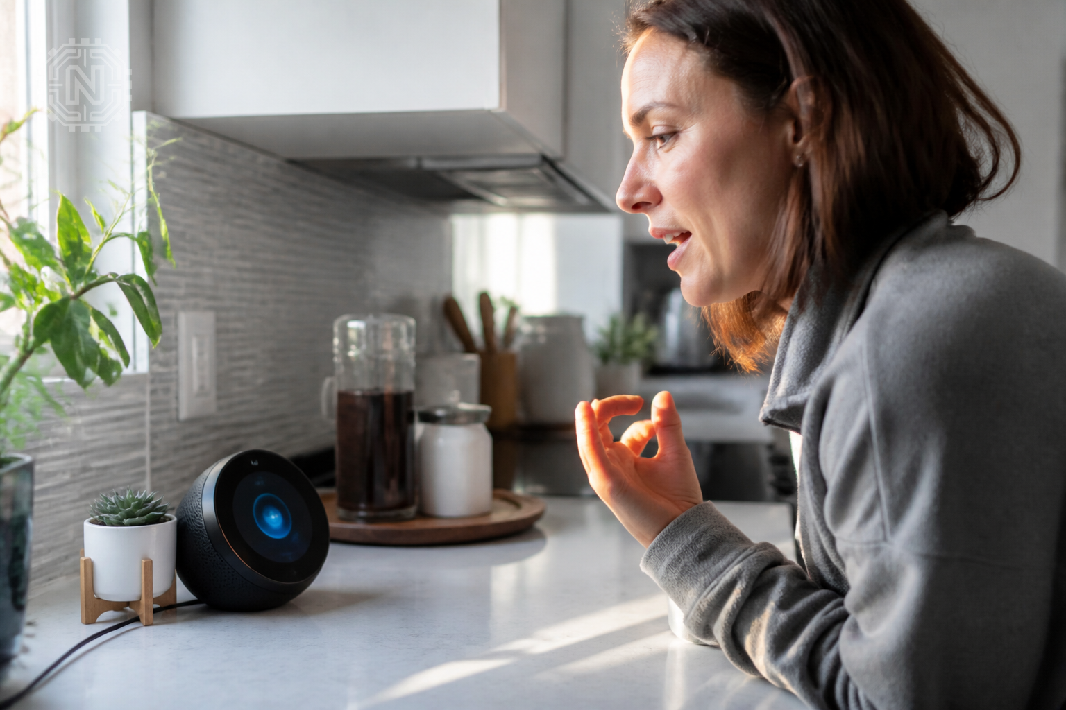 user interacting with smart home hub in kitchen