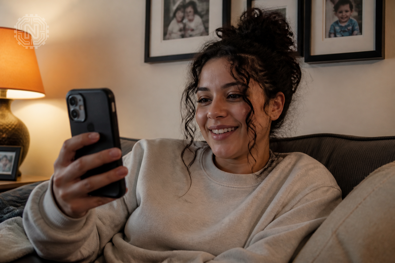woman enjoying FaceTime on her smartphone with family