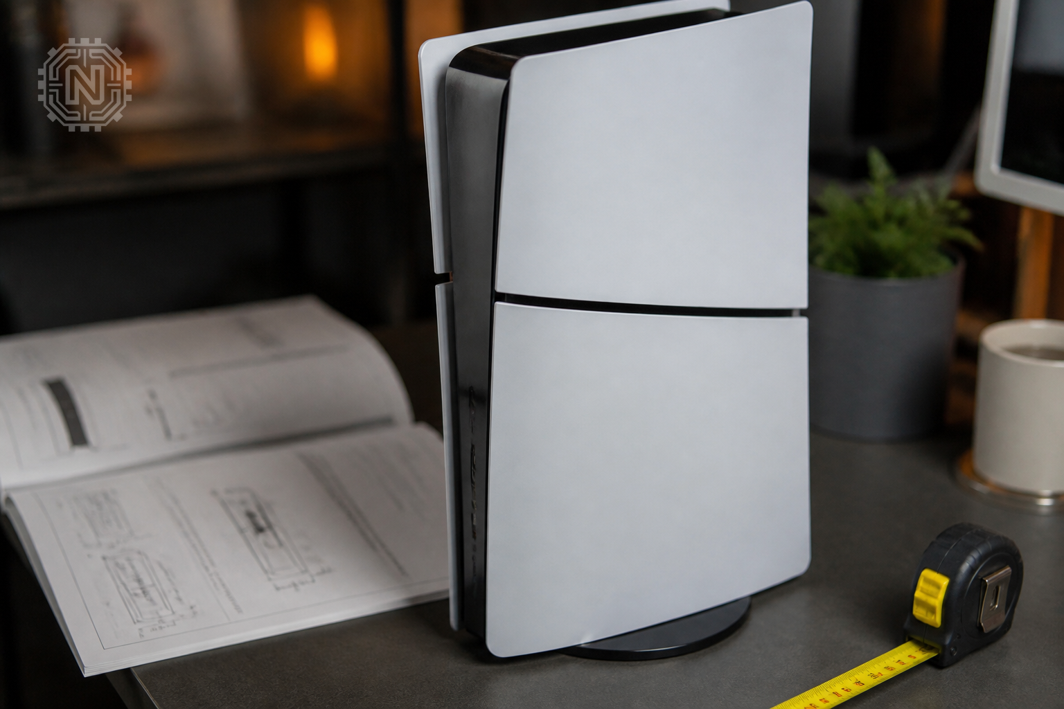 Key specifications of the PS5 Slim displayed on a desk