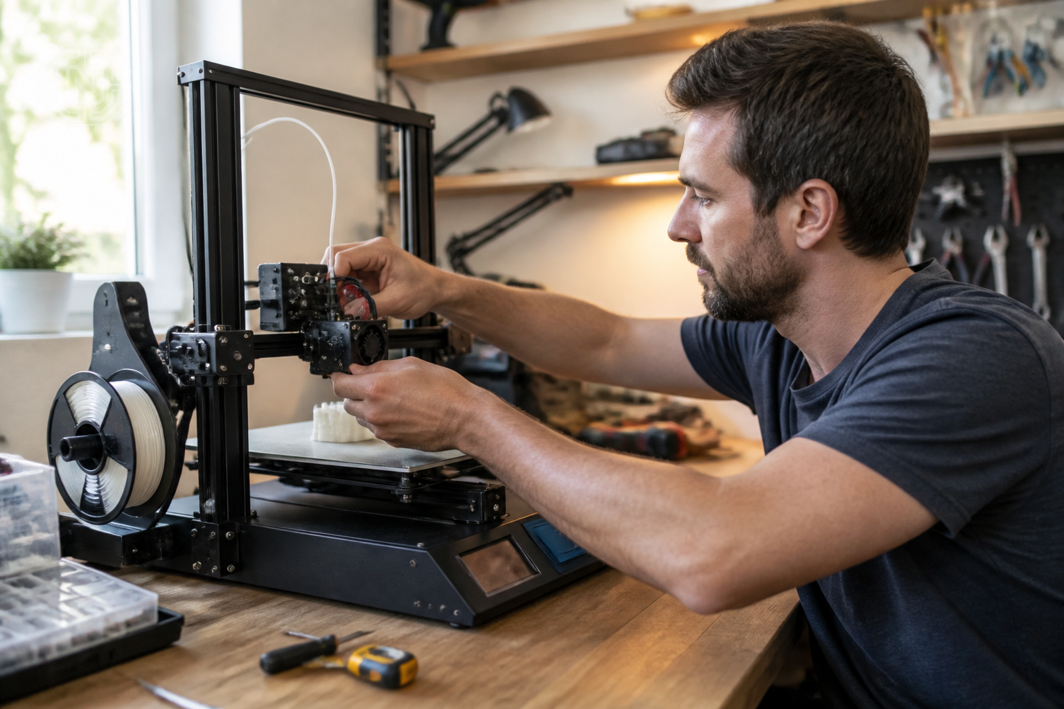 user interacting with a 3D printer in a workshop