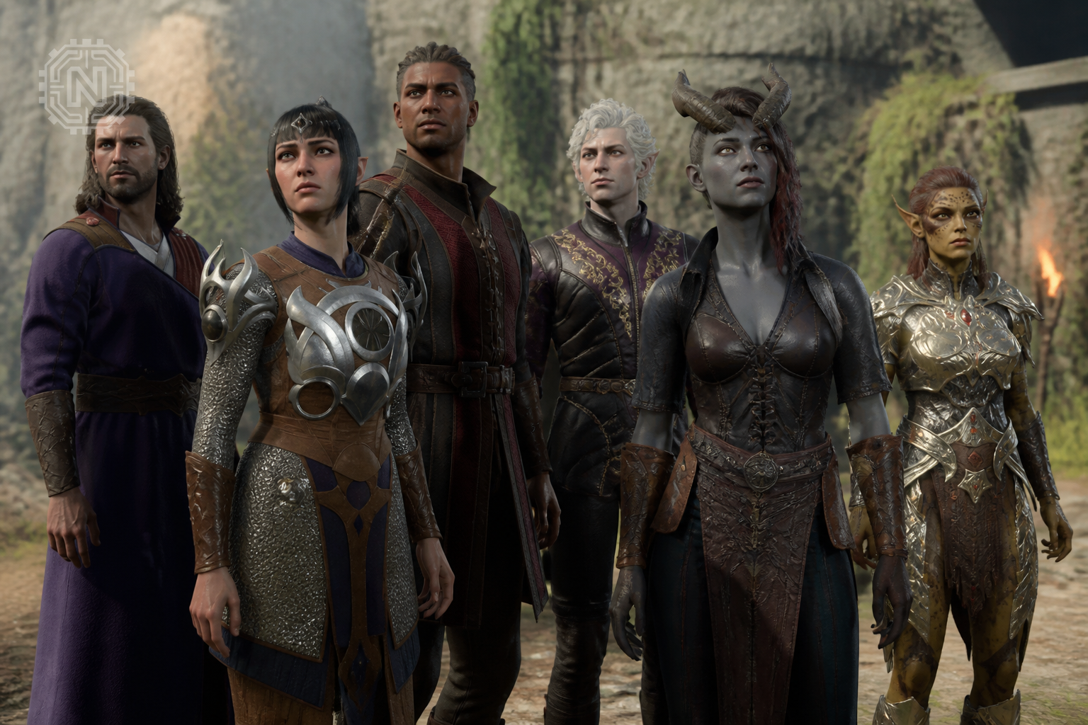 Diverse characters in Baldur's Gate 3 exploring together