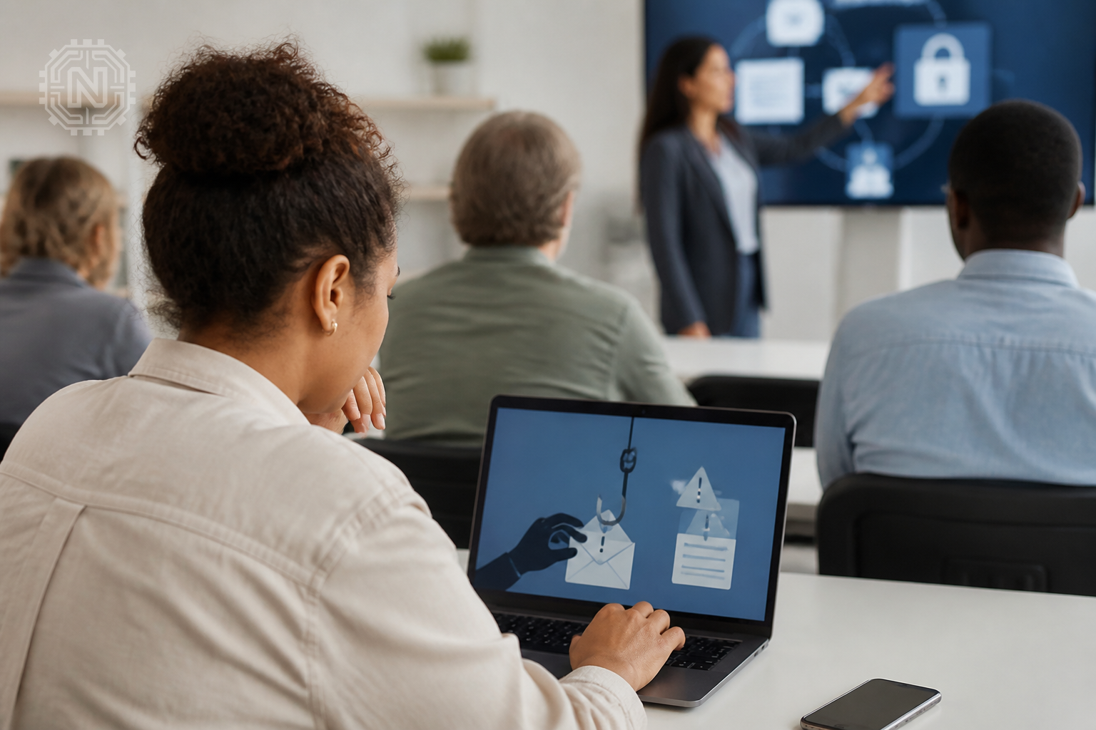 employee in cybersecurity training session on phishing