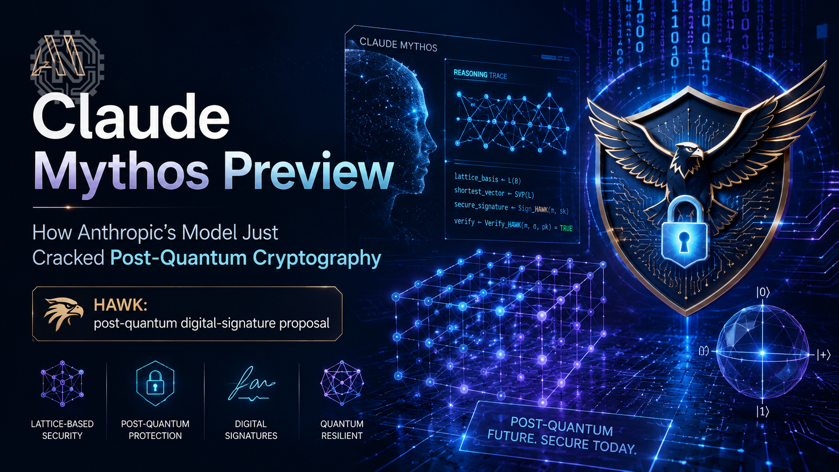 Conceptual visualization of Claude Mythos Preview analyzing the HAWK-256 post-quantum lattice signature scheme