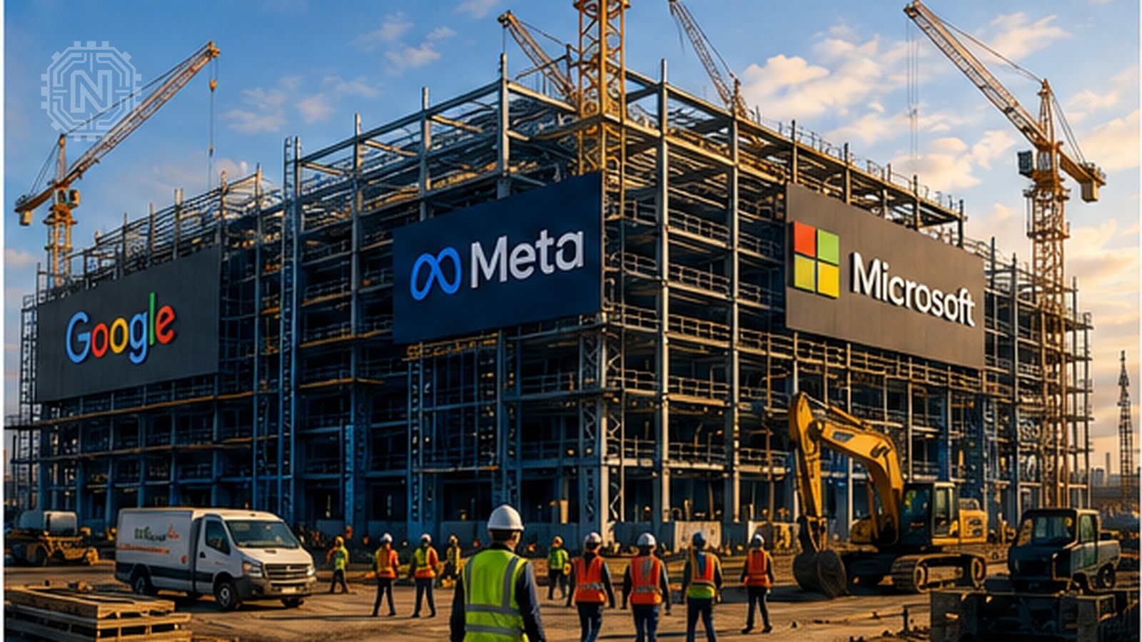 Construction crews working at a large AI data center project
