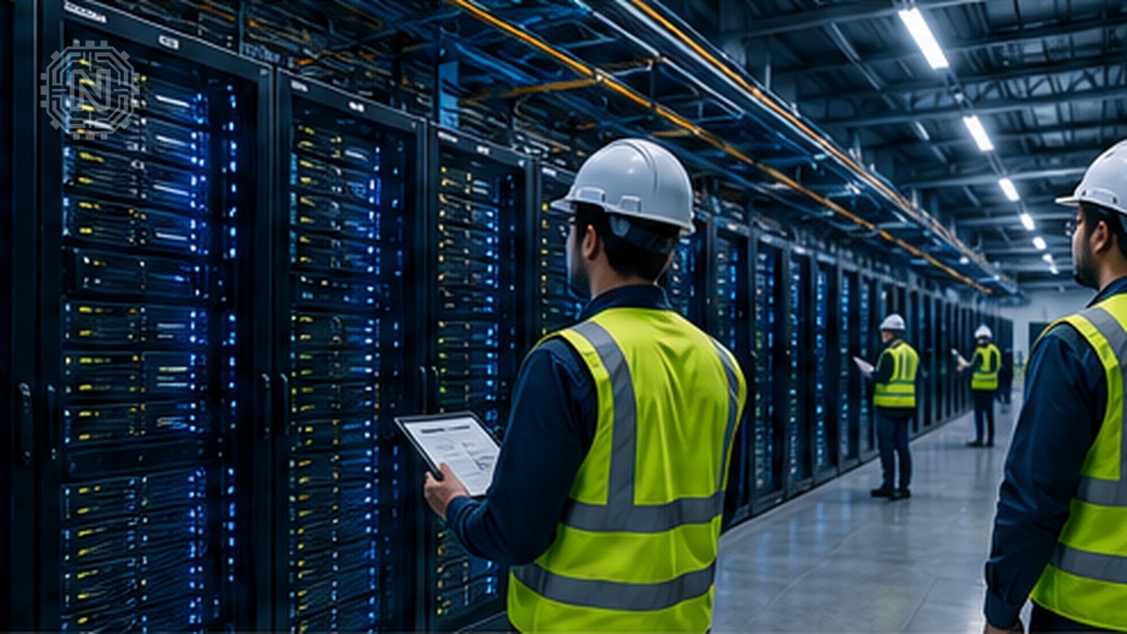 Technicians inspecting server and cooling infrastructure inside a data center