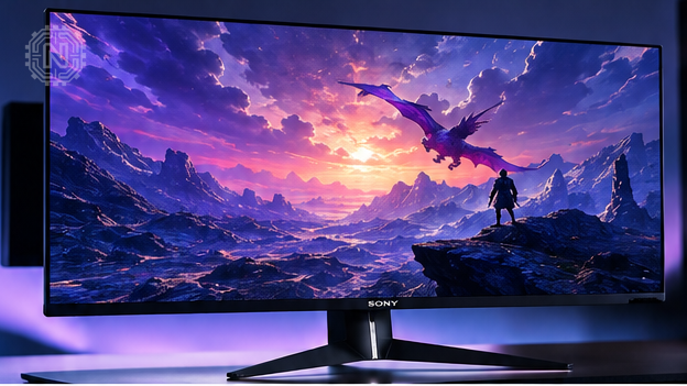 High-speed fantasy game displayed on a Sony gaming monitor in a purple-lit setup