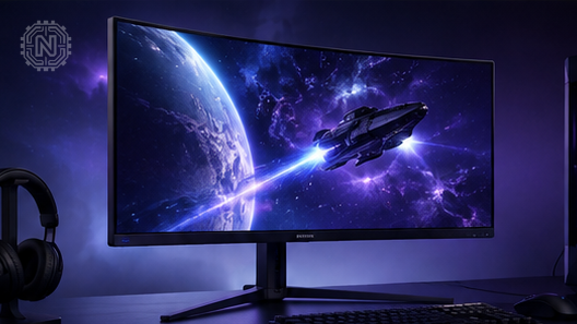Sony gaming monitor showing a fast space scene beside a gaming PC and peripherals
