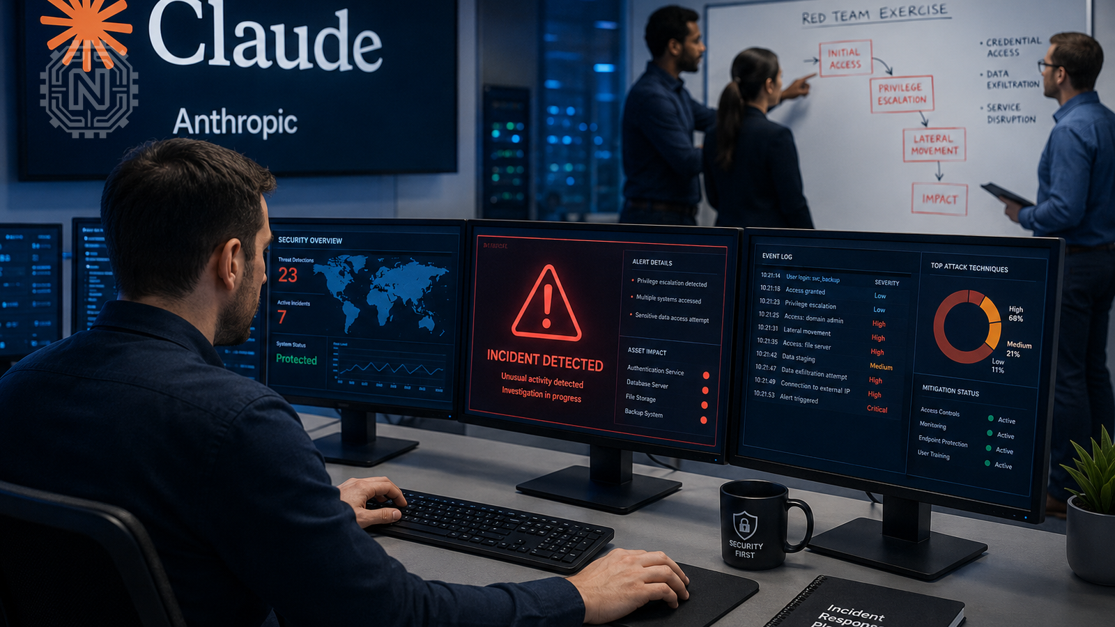 Cybersecurity operations center monitoring a Claude red-team evaluation incident