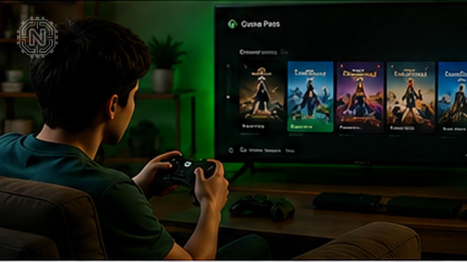 Gamer using an Xbox controller while browsing games on a television