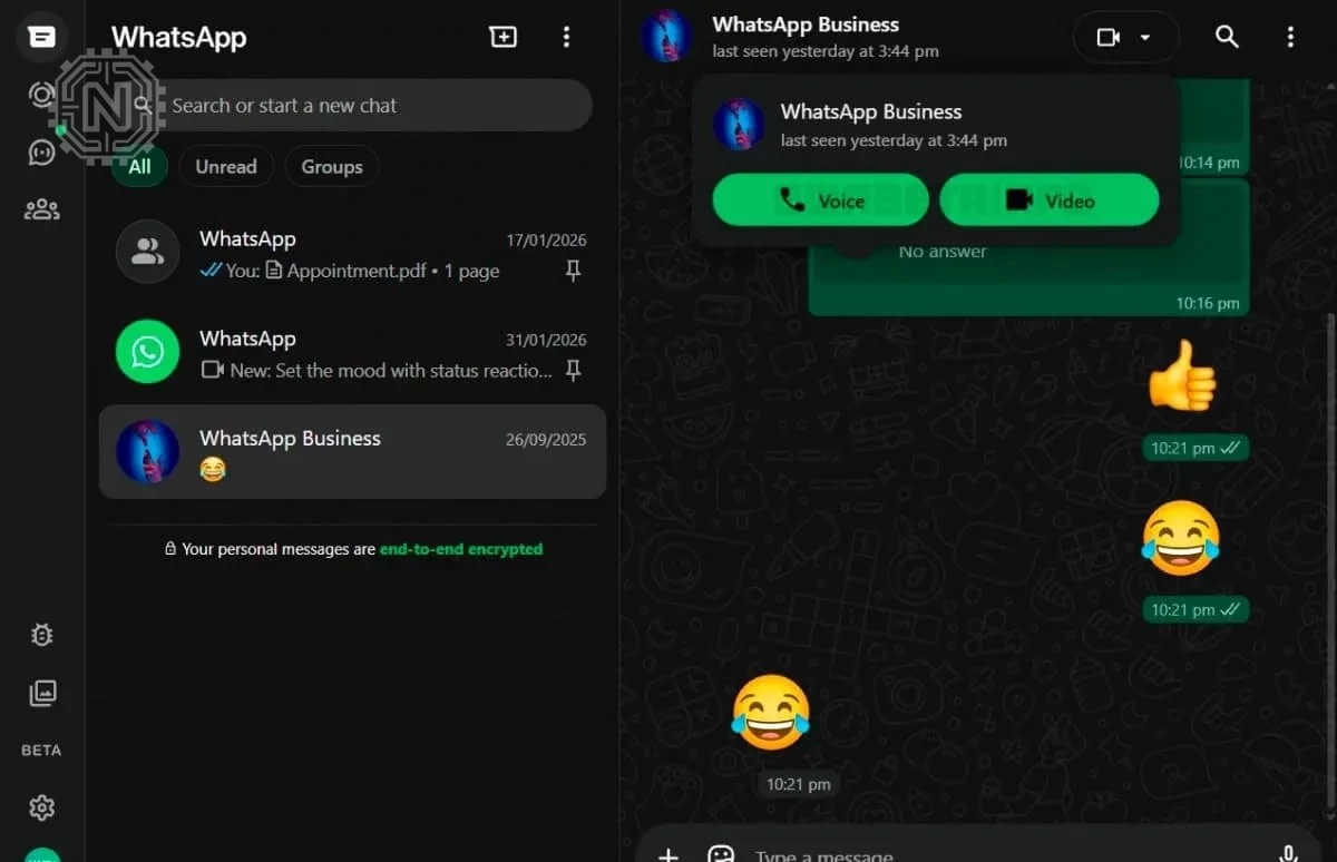 WhatsApp desktop calling interface with call controls and history