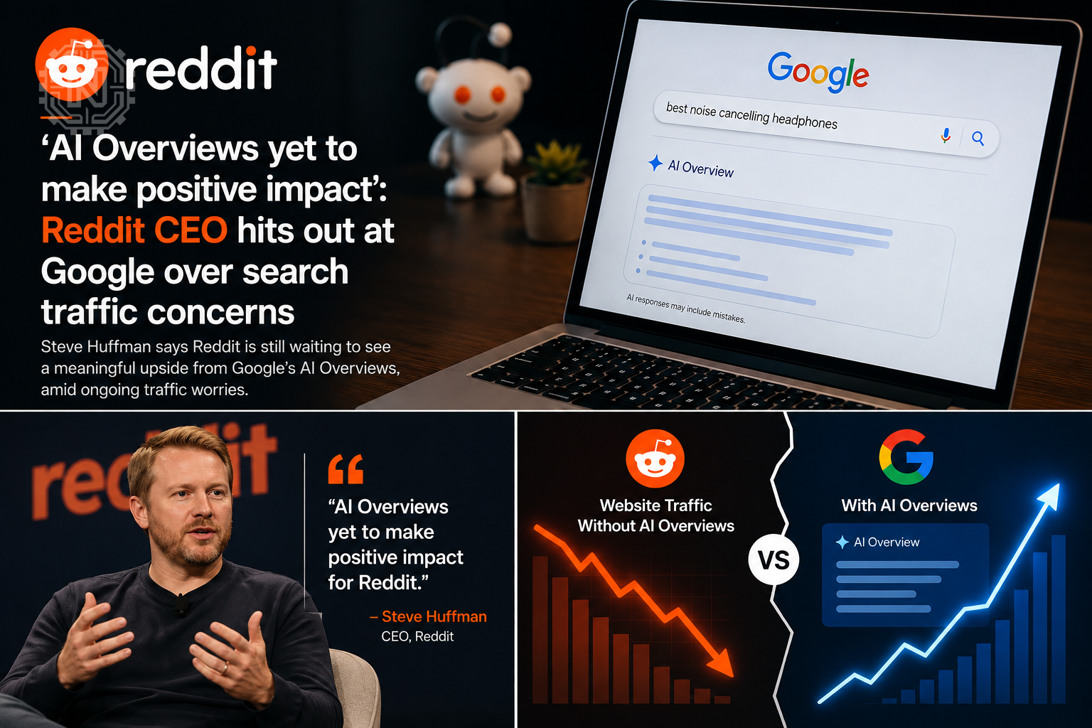 Editorial graphic comparing traditional search referrals with Google AI Overview results