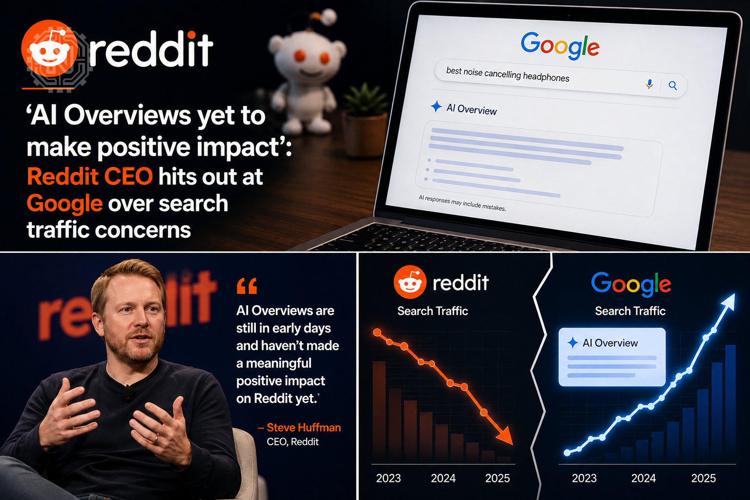 Editorial illustration of AI search summaries competing with community and publisher traffic