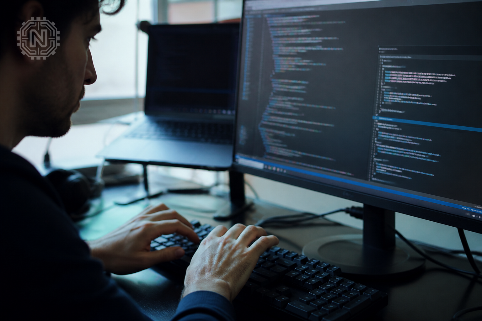 developer working with AI code suggestions on screen