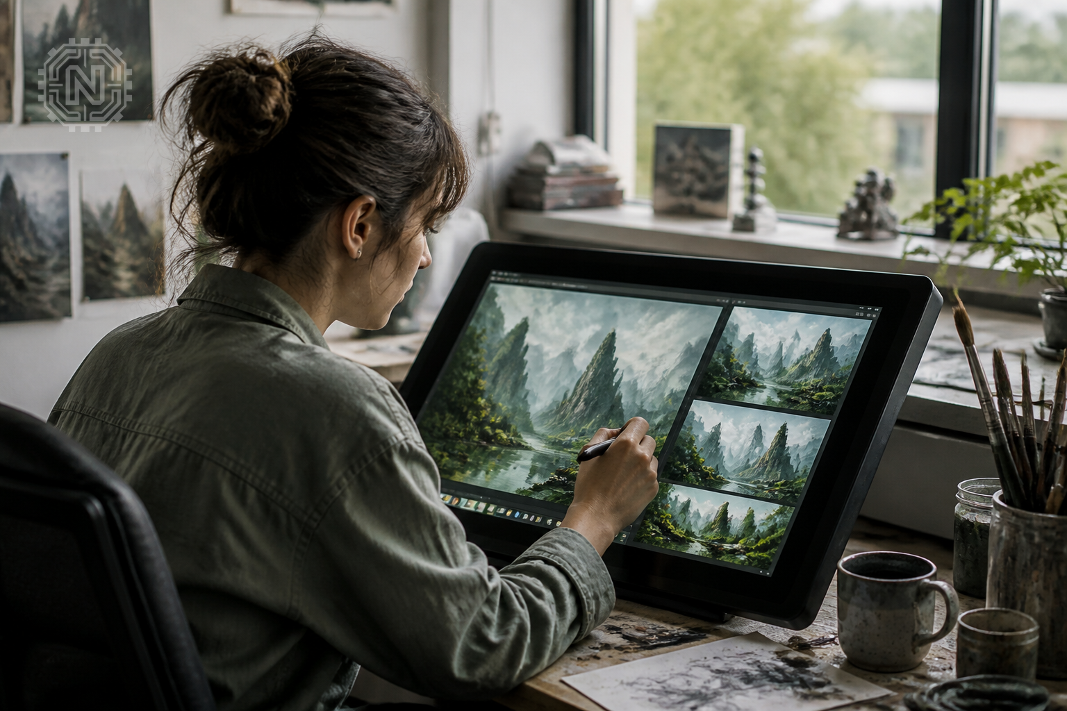 Artist refining AI-generated artwork on a digital tablet in 2026