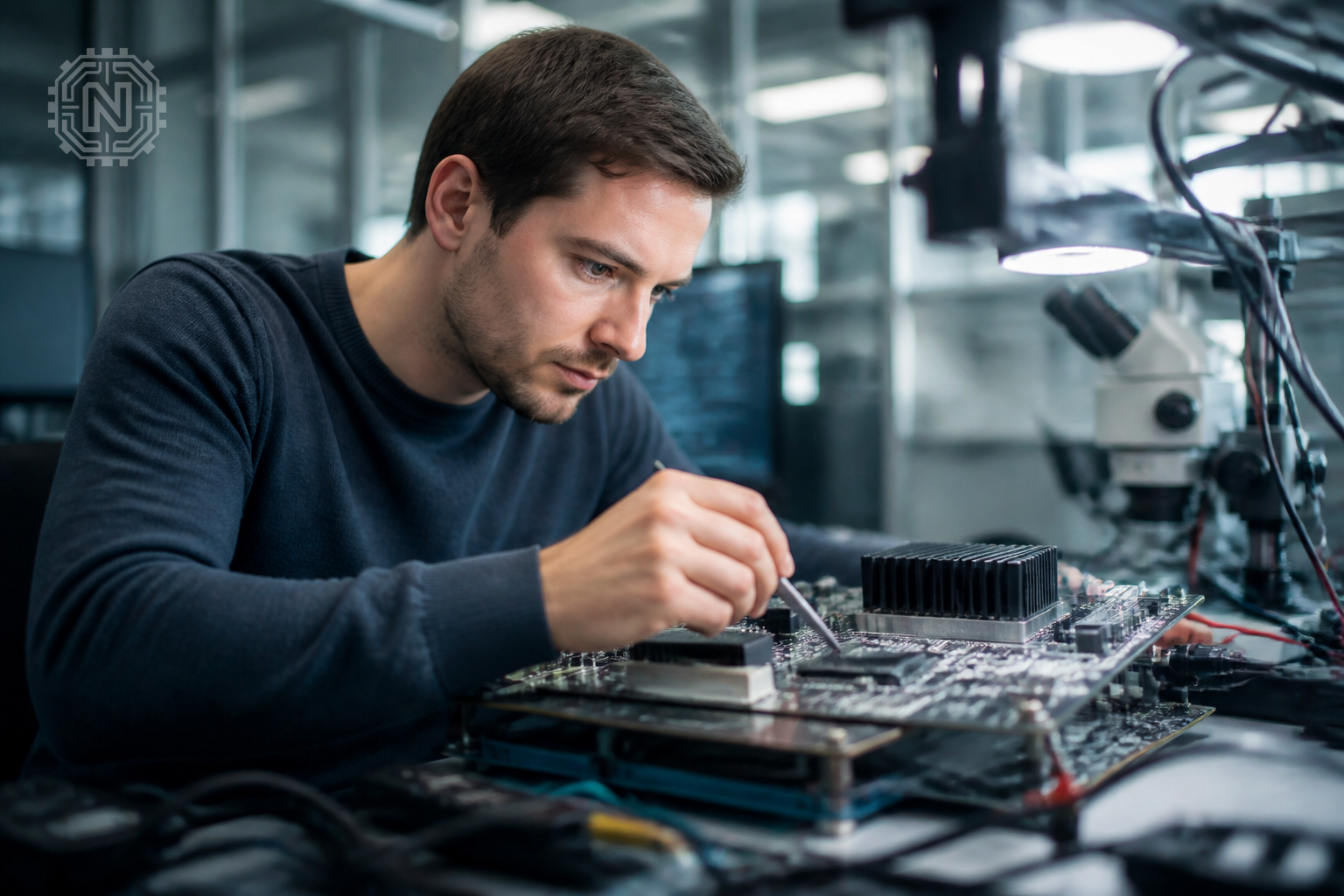 Engineer developing AI hardware in a modern lab