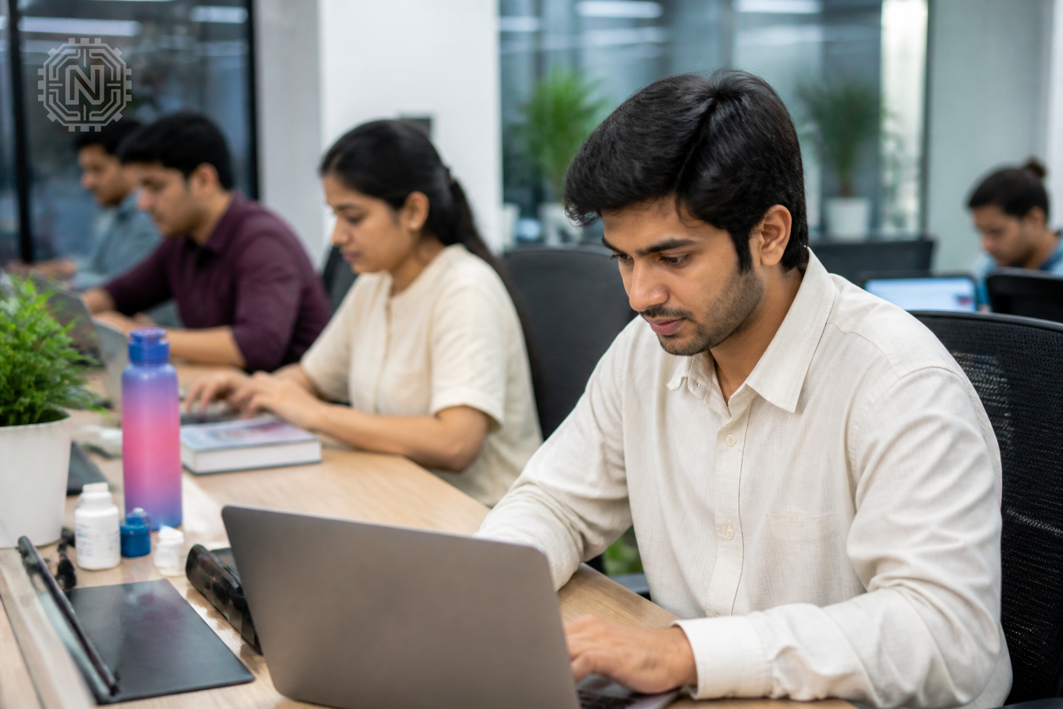Indian office workers with digital devices, AI and employment