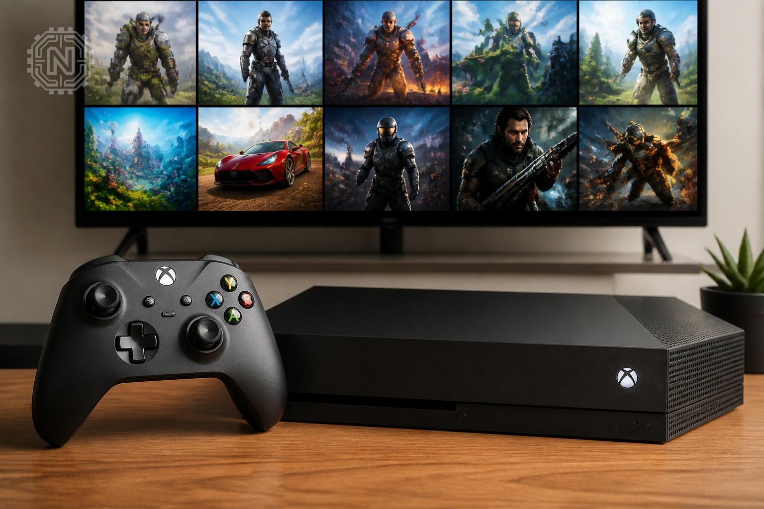 Xbox controller and console showing digital game interface