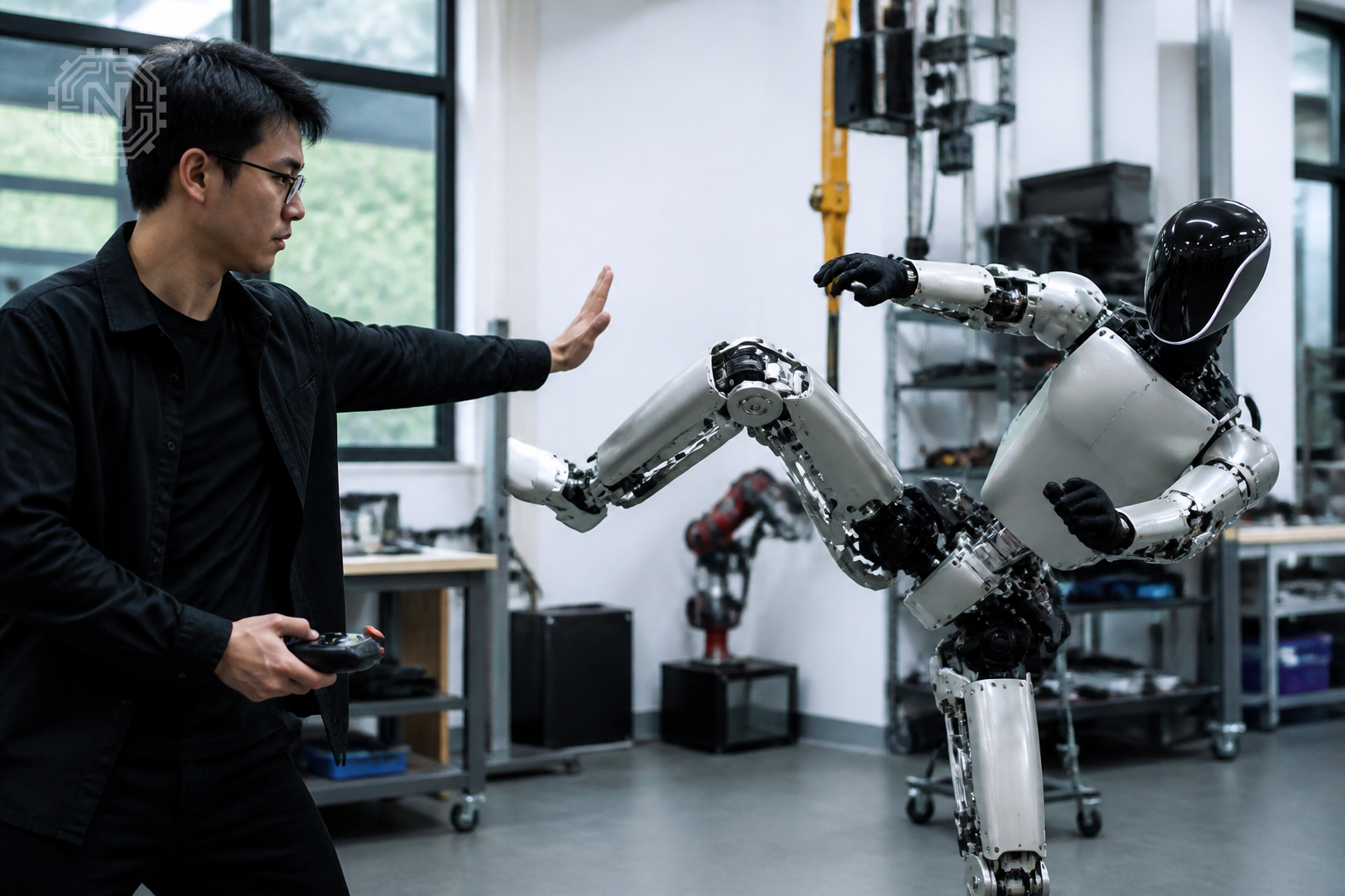 Engineer demonstrating Kung Fu robot capabilities in China