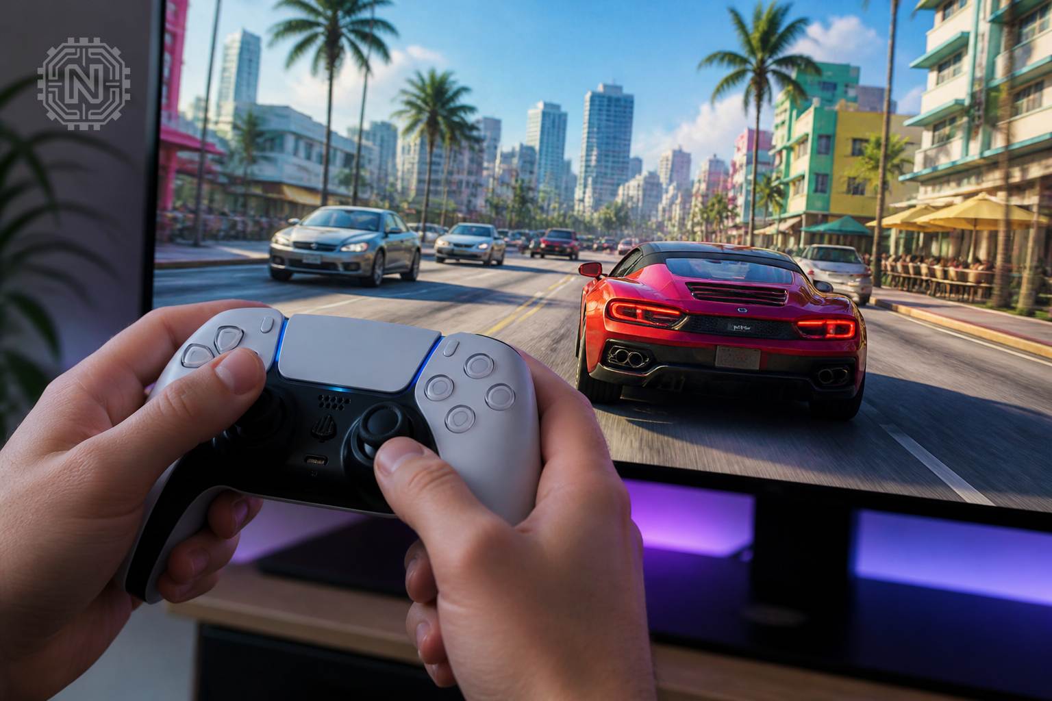 GTA 6 gameplay preview on monitor with controller in foreground