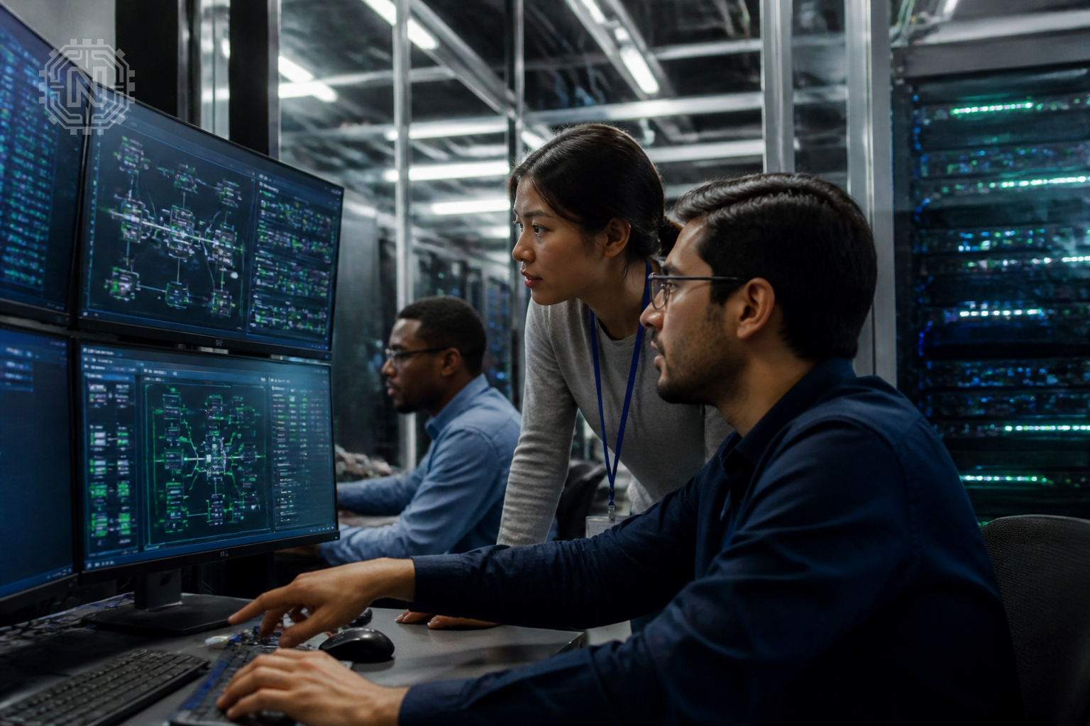 Engineers managing AI cloud hardware and network systems in a data center