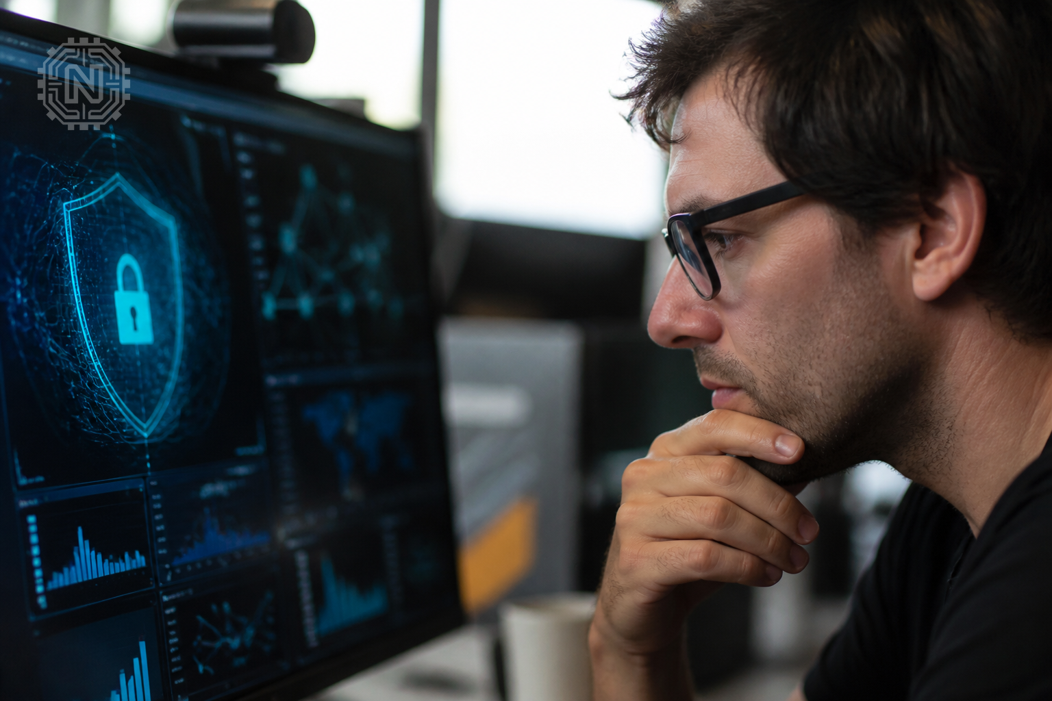 Cybersecurity analyst monitoring AI threat detection tools