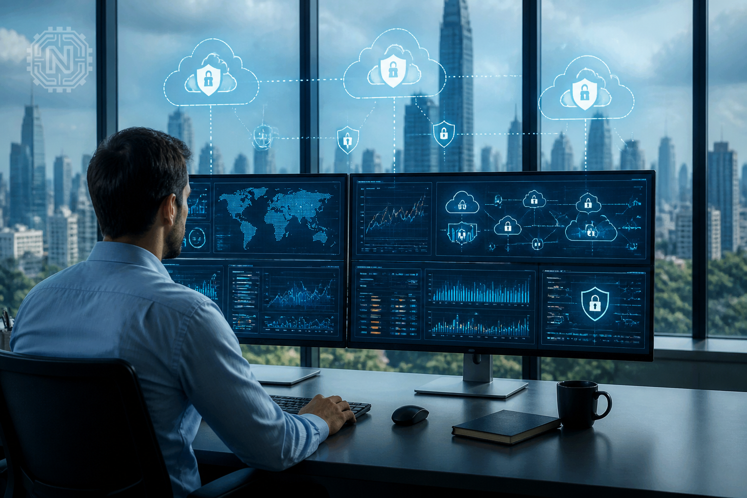 multi-cloud environment with security overlays and analytics dashboards