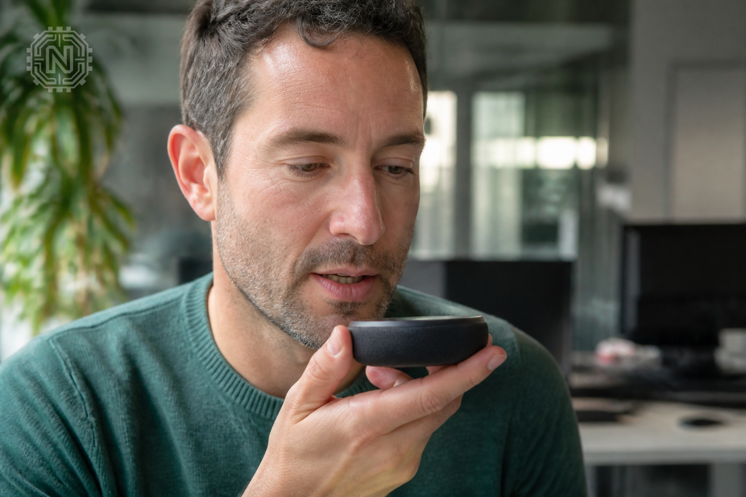 Person interacting with AI voice search device in 2026