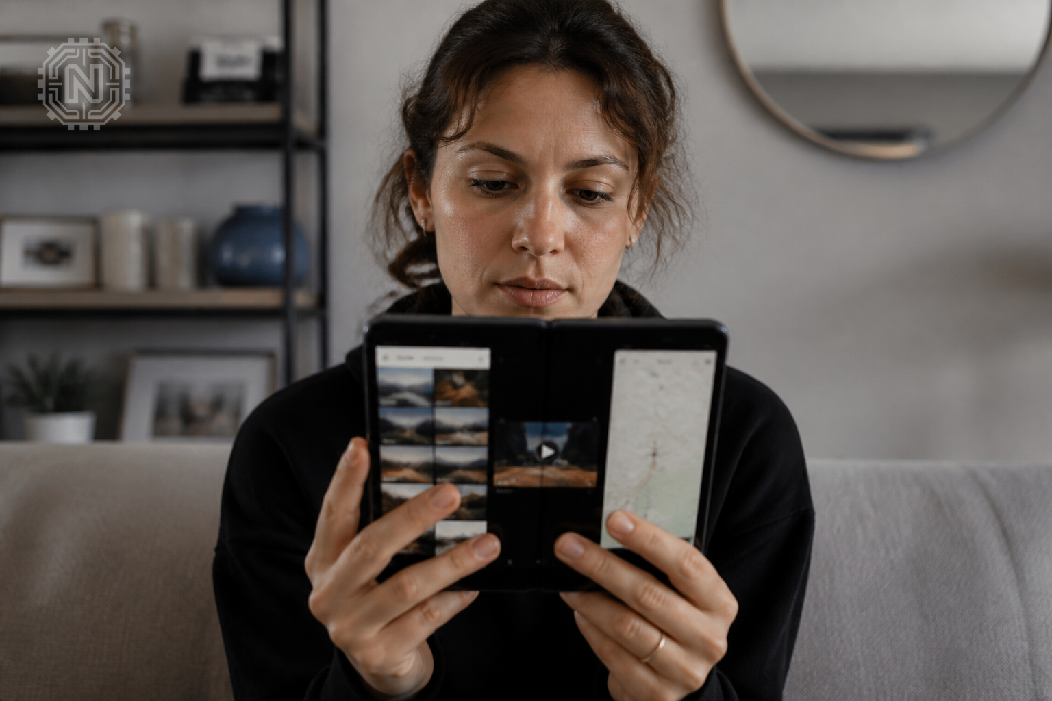 Person using a foldable smartphone for multitasking in 2026