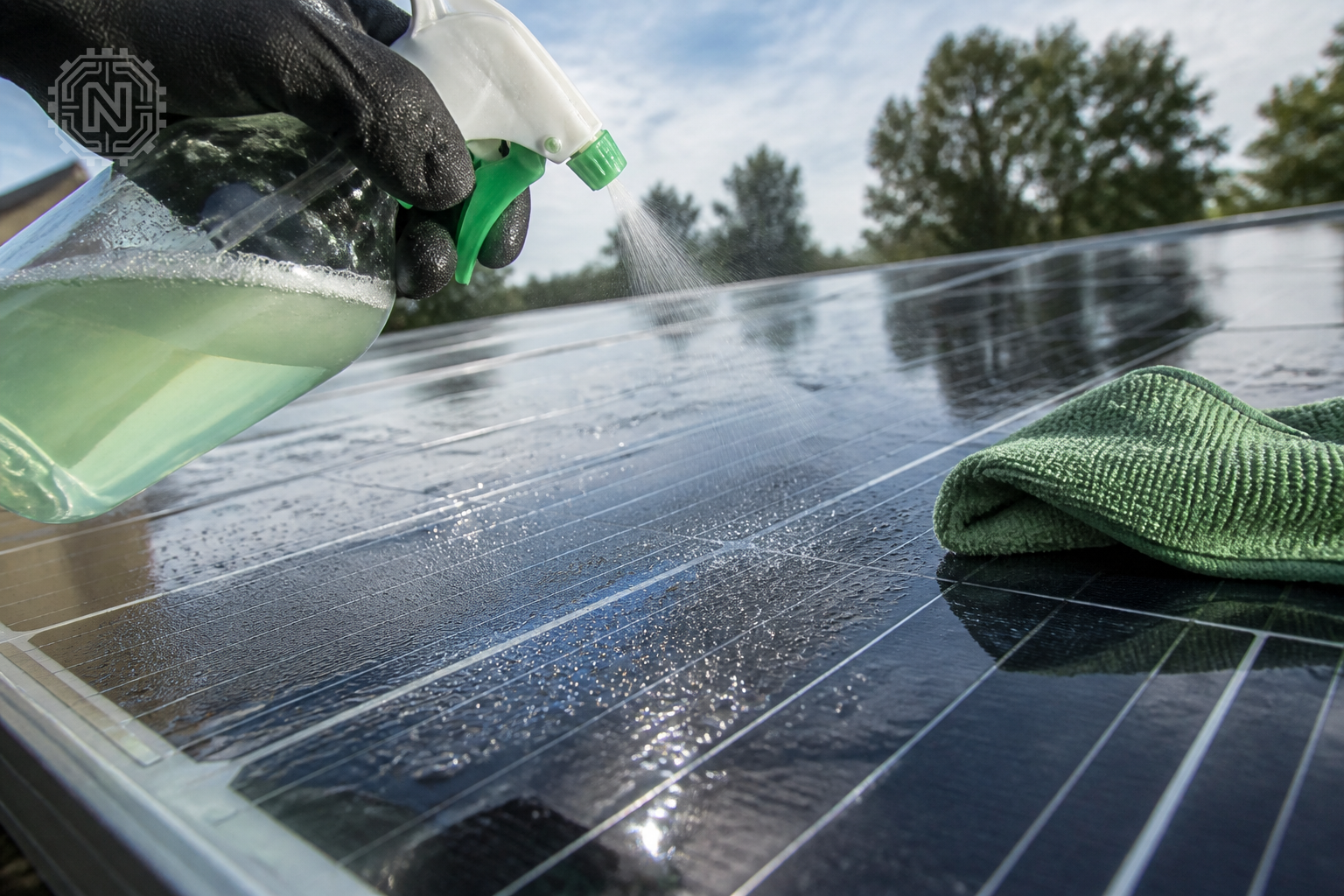 eco-friendly solar panel cleaning solution in use