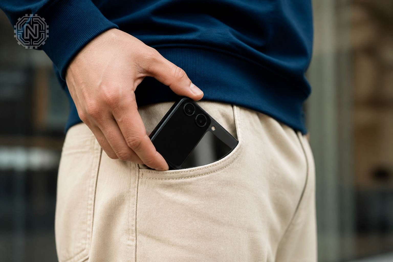 Compact foldable smartphone in pocket, portable and stylish