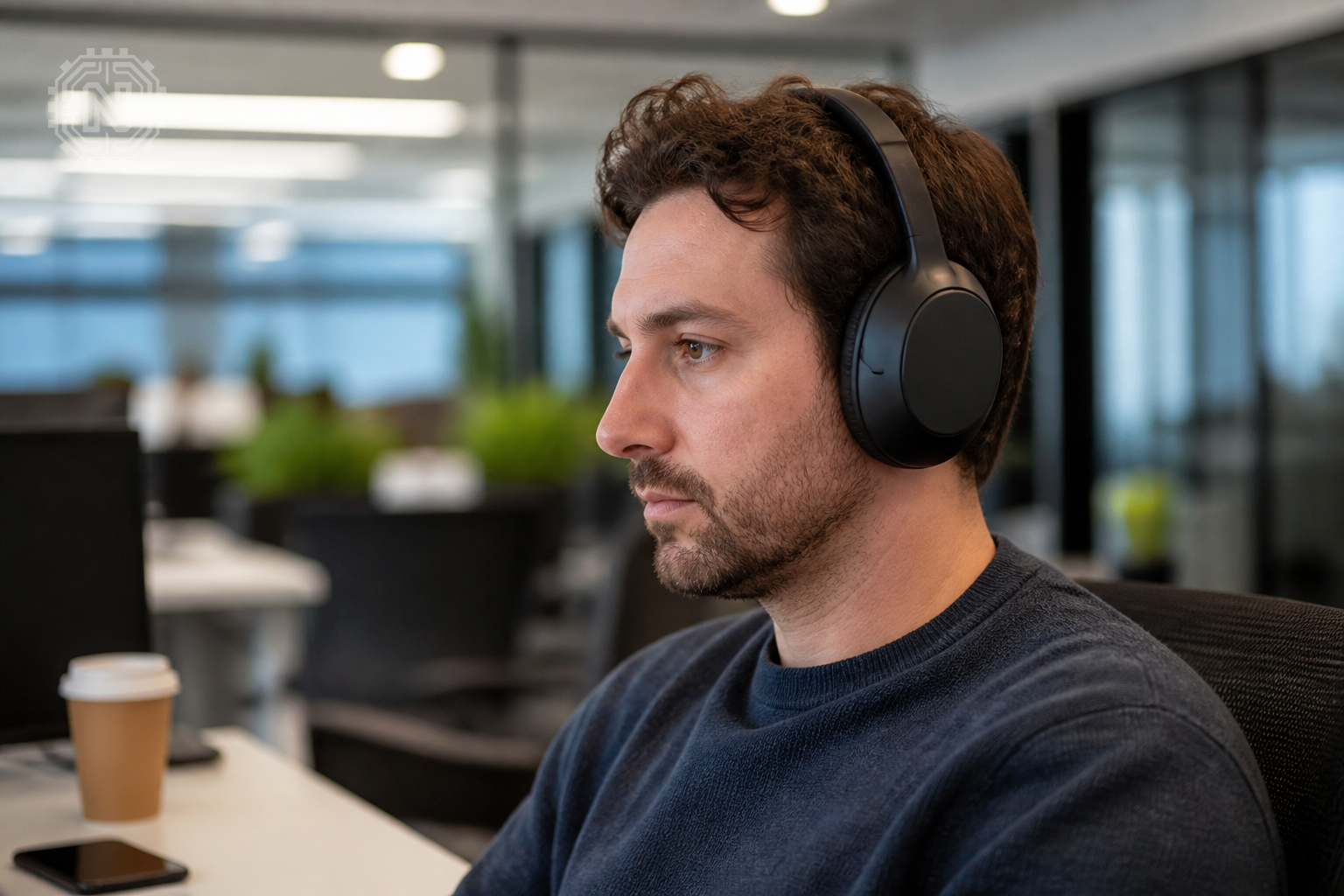 User wearing Sony WH-1000XM7 headphones working in an office