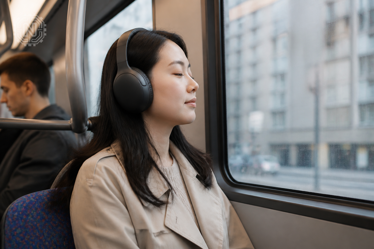 Person wearing Sony WH-1000XM7 headphones during commute