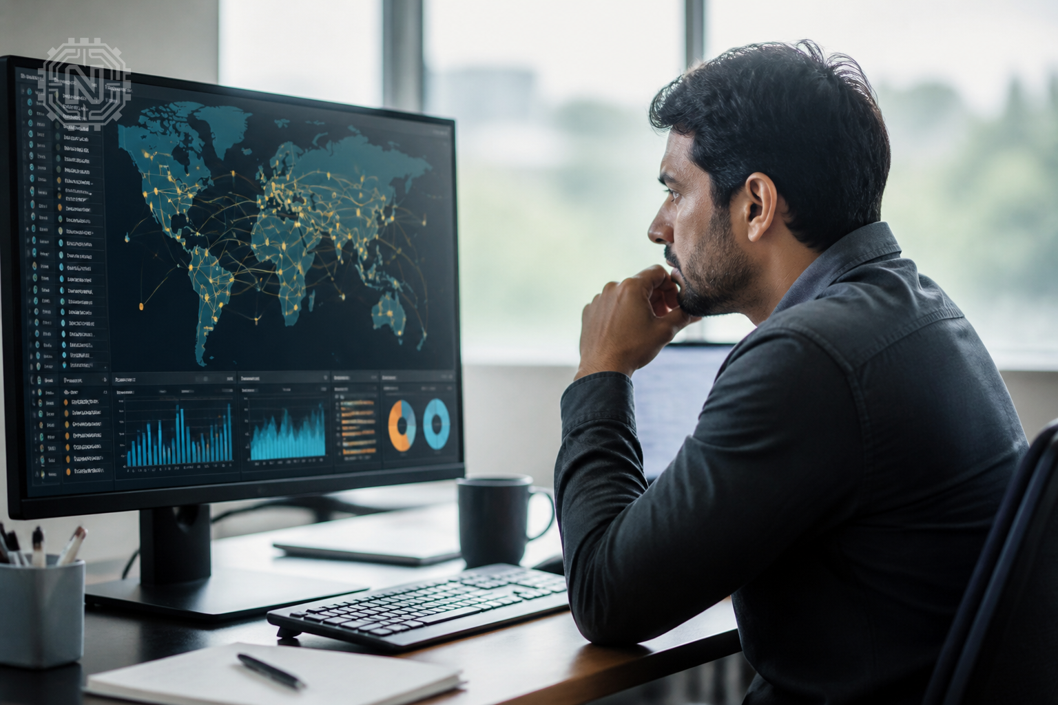 Cybersecurity analyst analyzing supply chain security threats