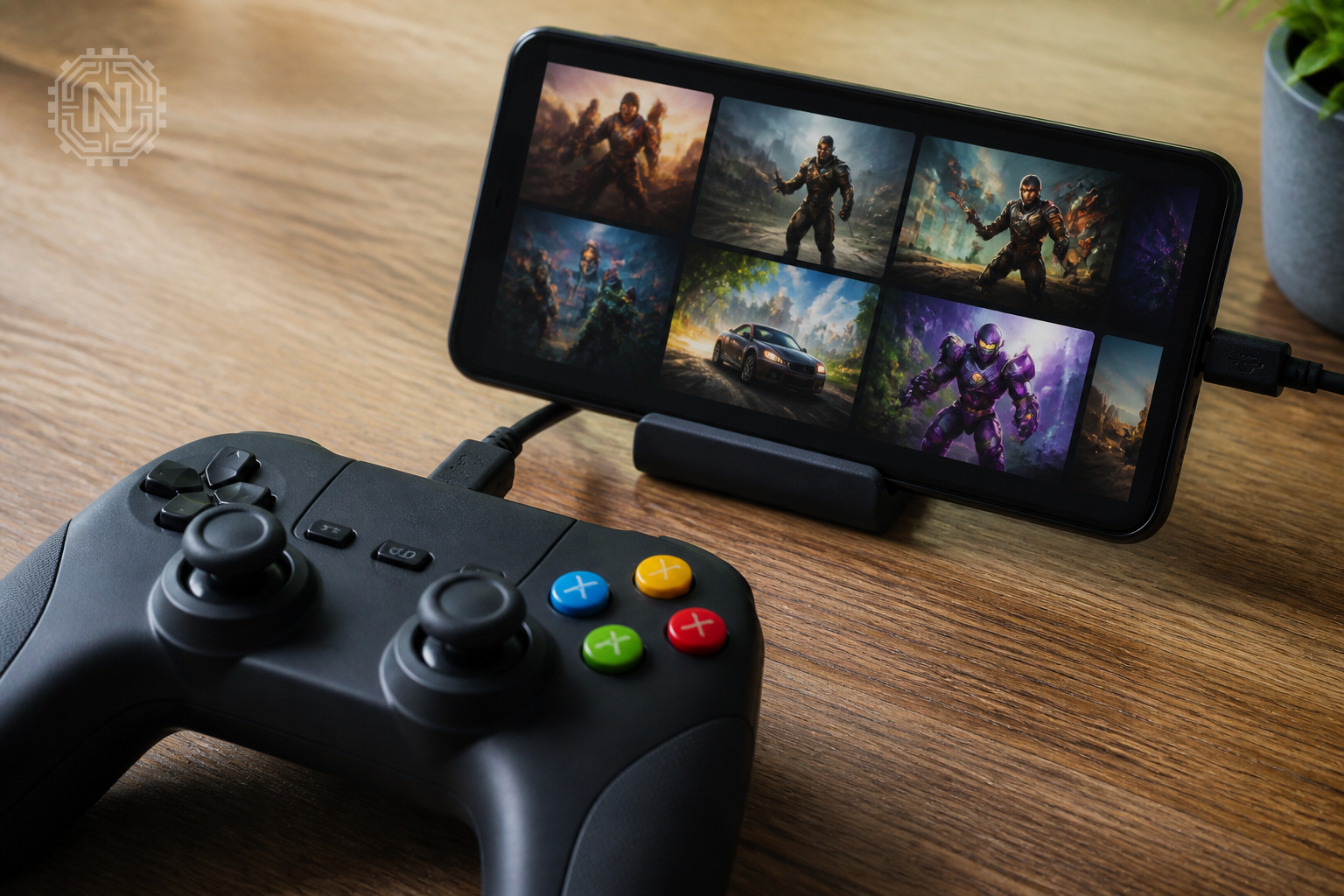 gaming controller and smartphone showing subscription game library