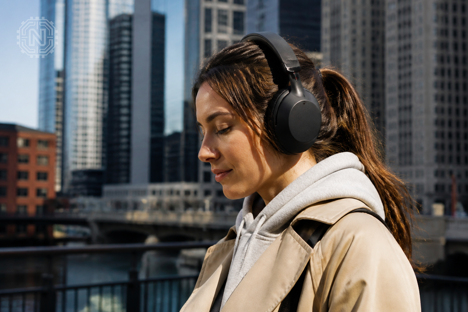User wearing Sony WH-1000XM5 headphones outside in 2026