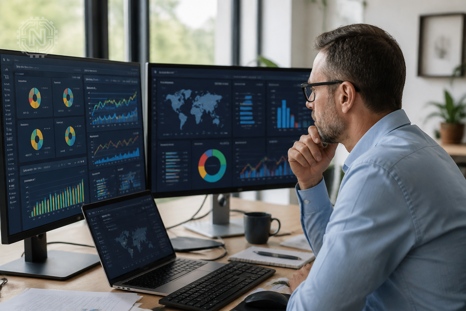 Cybersecurity analyst assessing supply chain vulnerabilities on screens