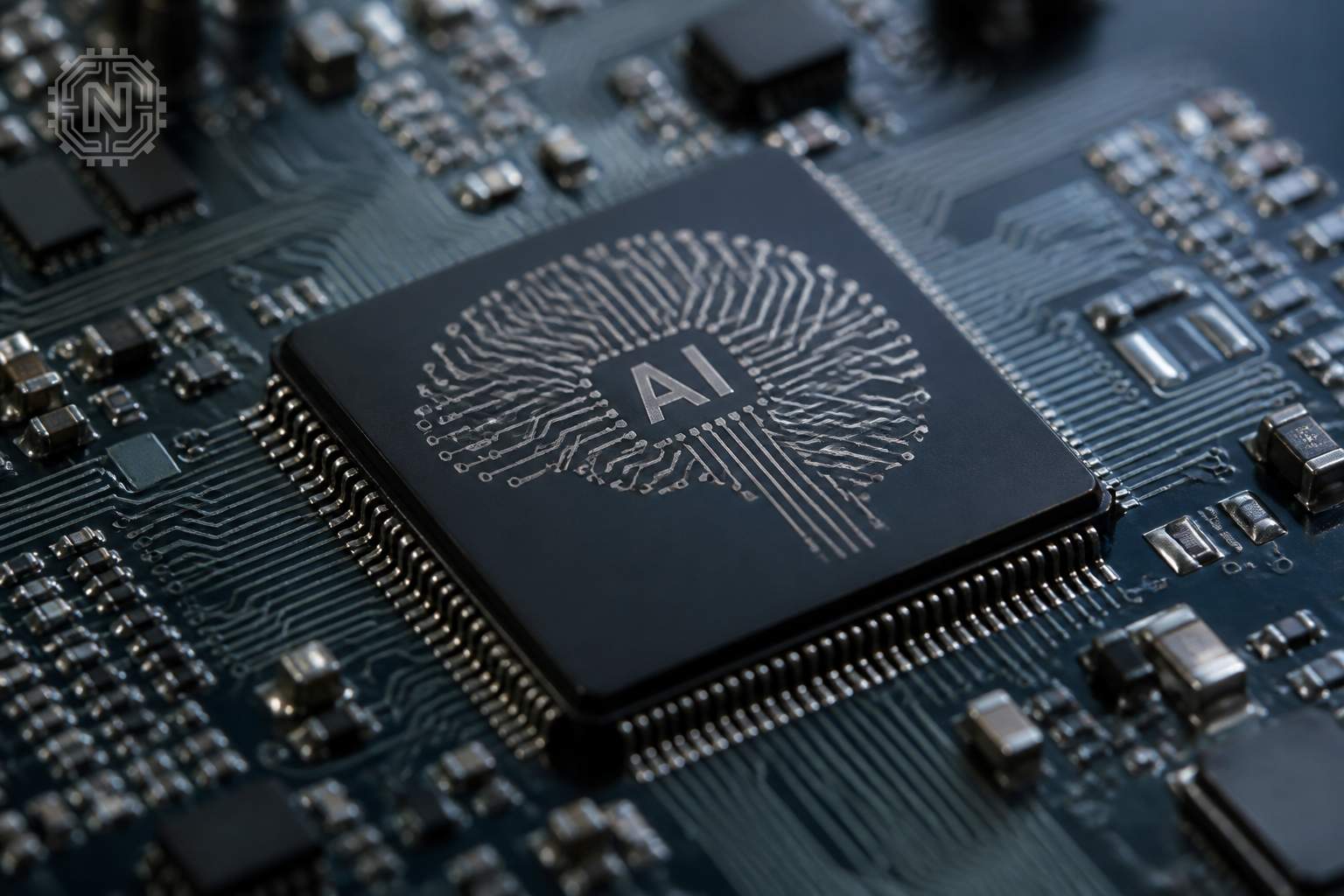 Modern AI processing chip with detailed circuitry