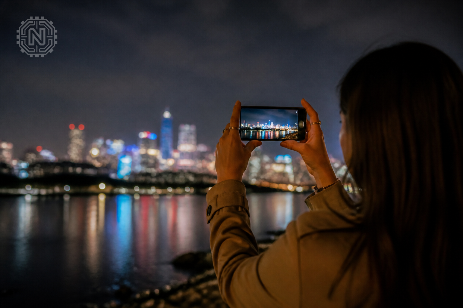 User capturing low-light photo with AI-enabled night mode on smartphone