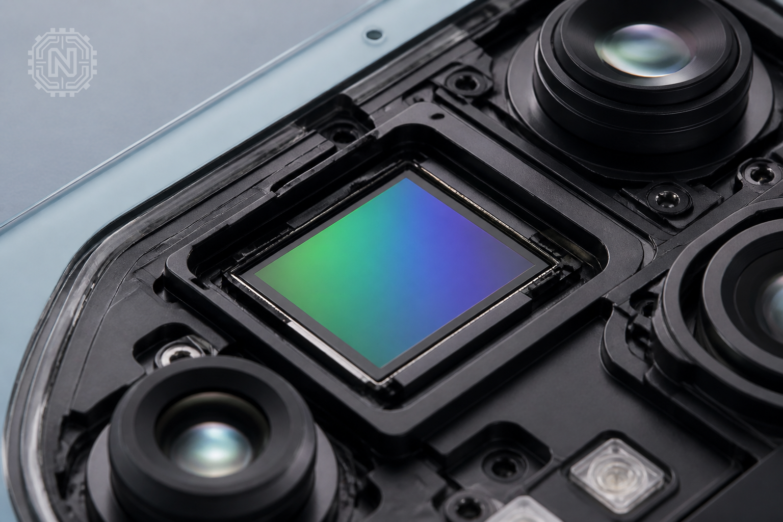 Close-up of a 2026 smartphone camera sensor with advanced optics
