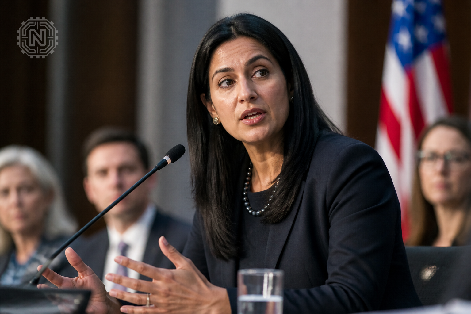 Official discussing AI regulation policies at a conference