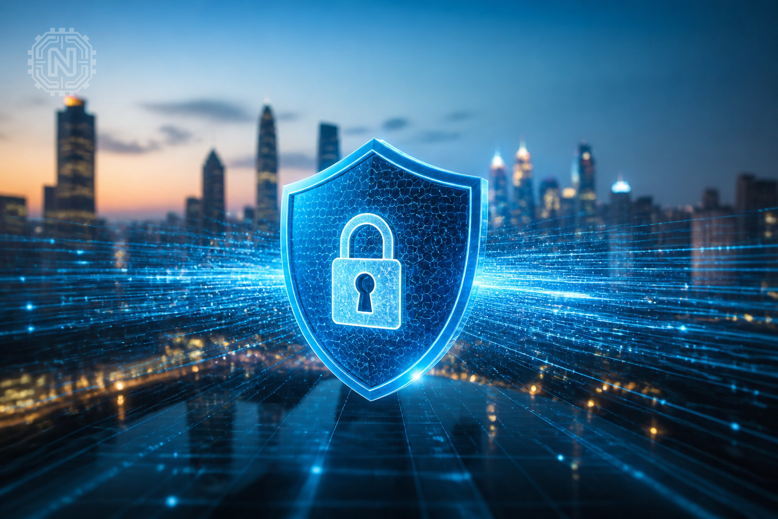 Digital network with encrypted data streams illustrating VPN security