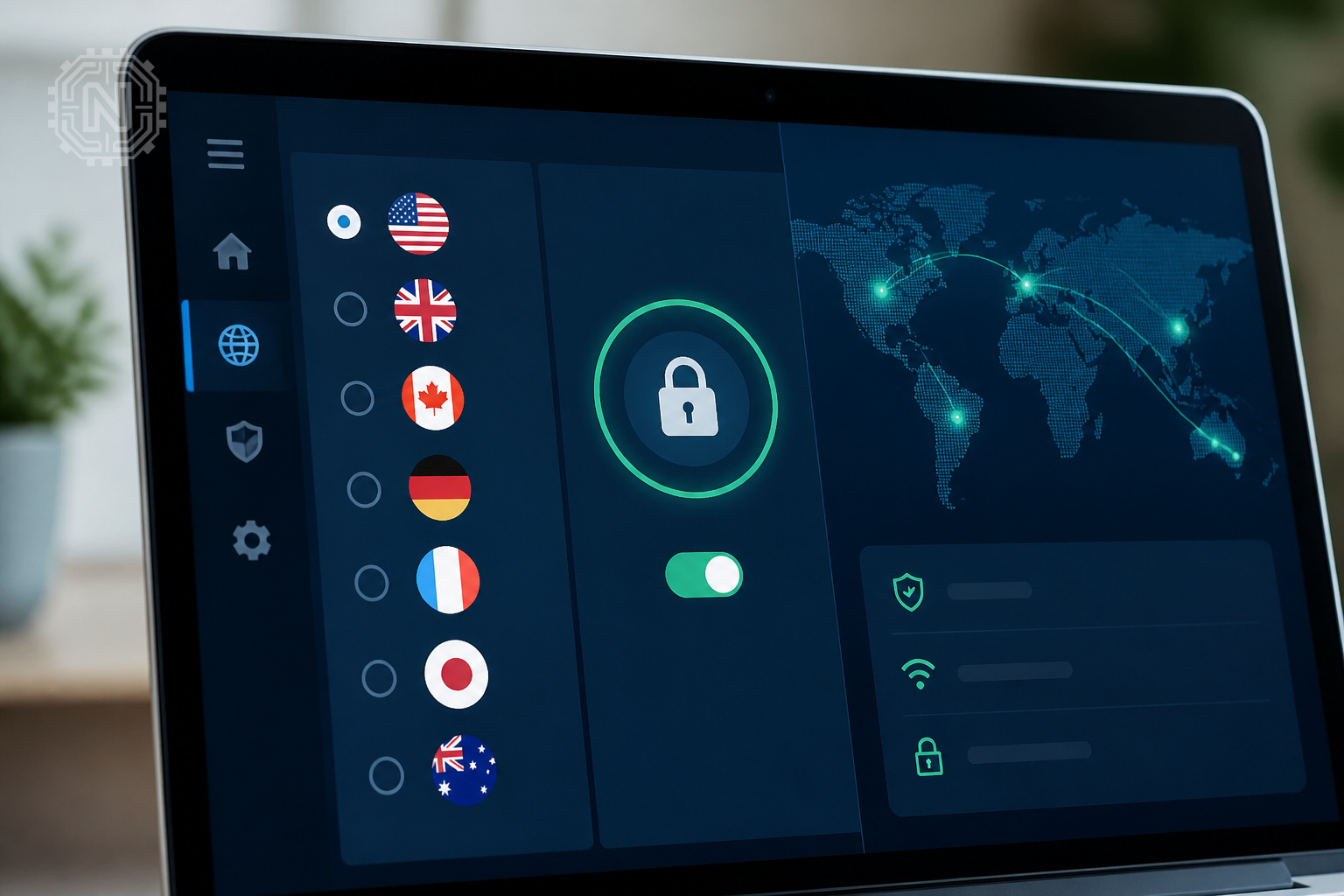 VPN app interface displaying server options and encryption settings