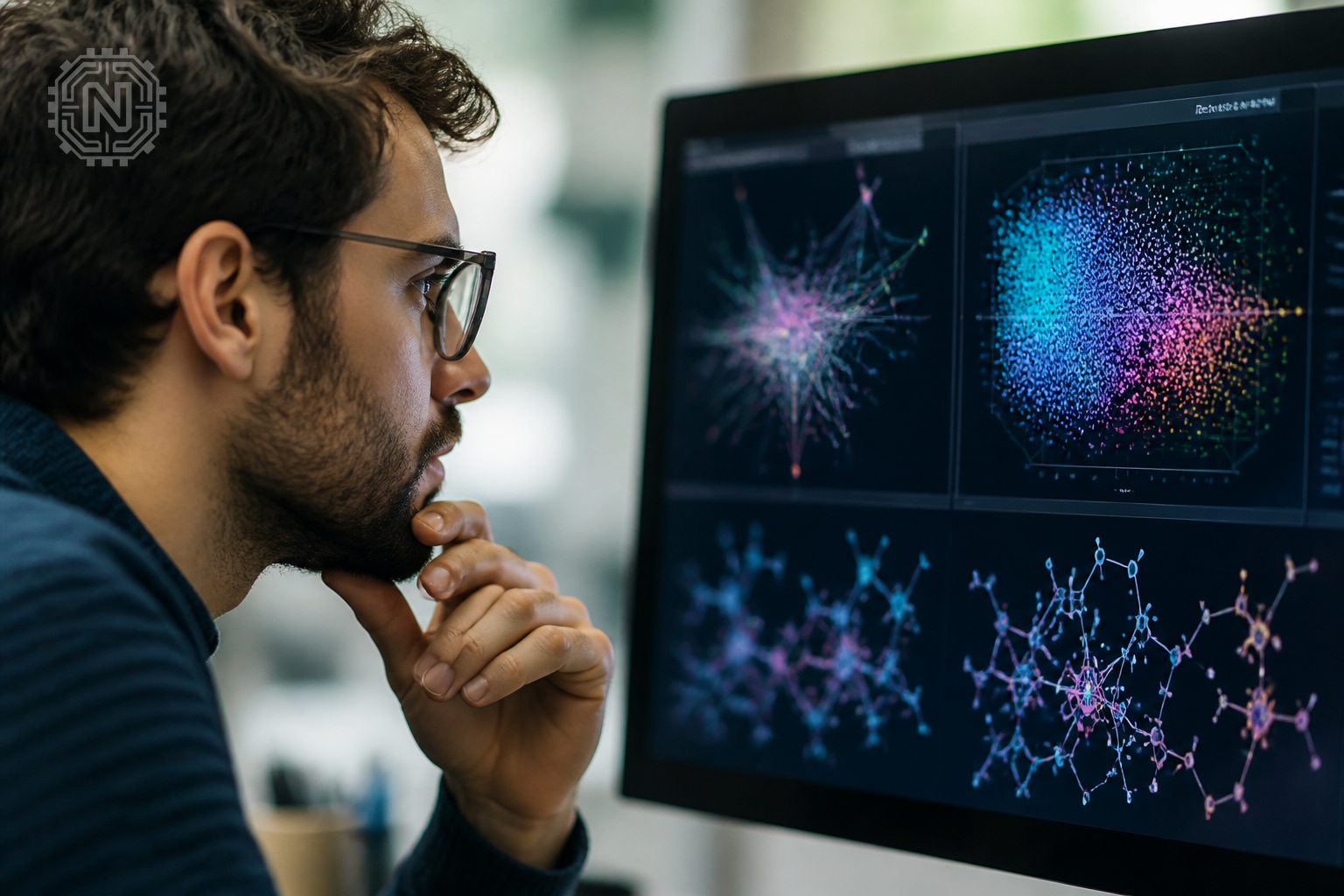 Data scientist reviewing AI interpretability visualizations