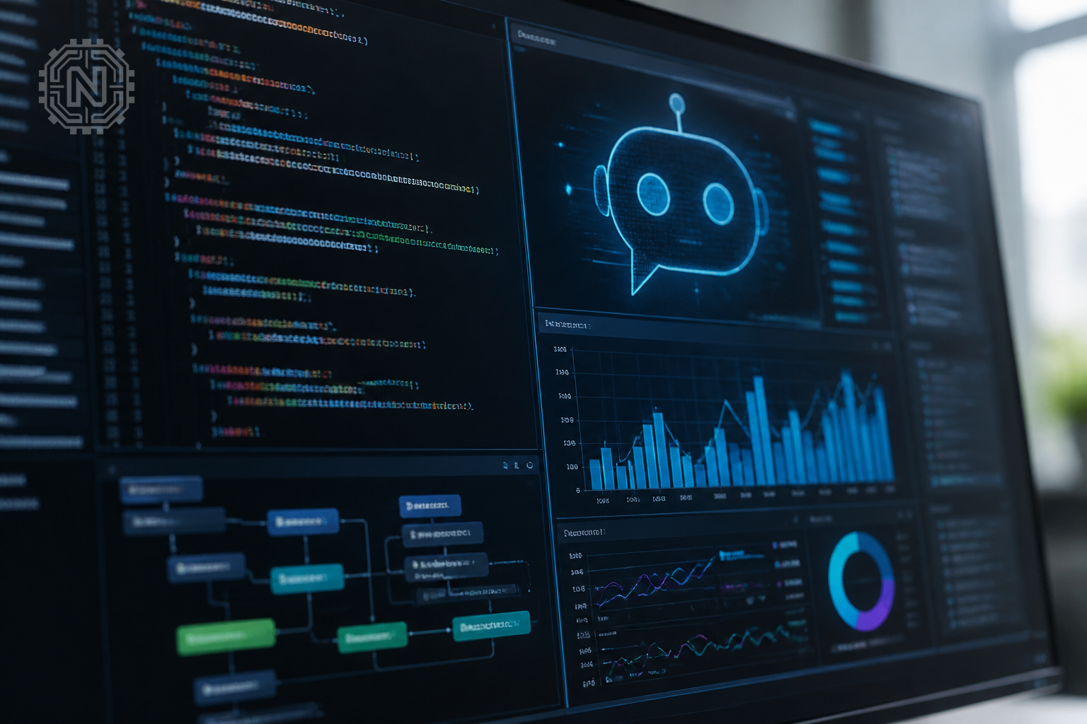 AI chatbot backend code and analytics on a computer screen