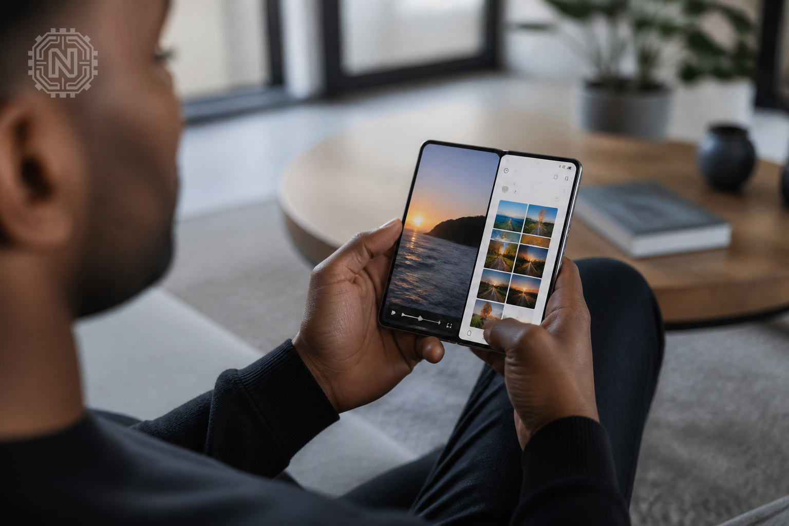 Person multitasking on a foldable smartphone in 2026