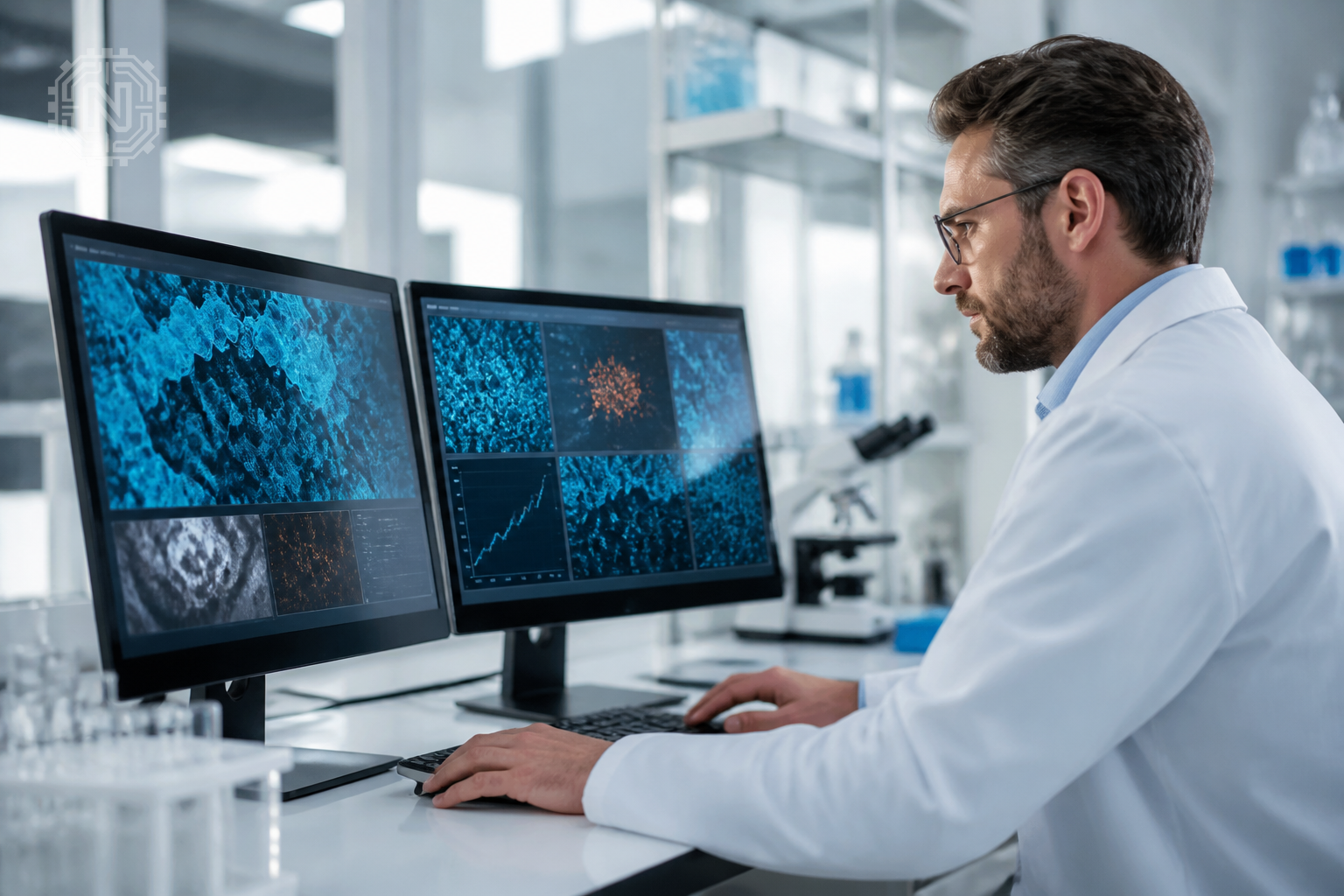 Researcher studying AI hallucination patterns in laboratory