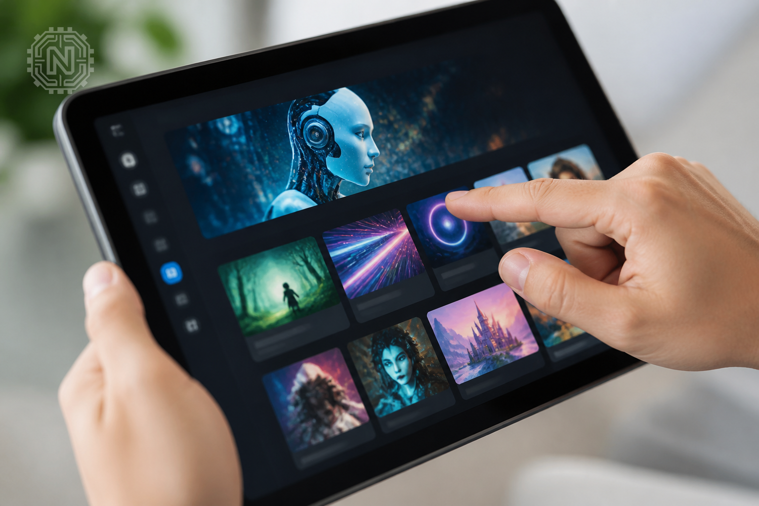 User engaging with AI-driven app recommendations on a tablet