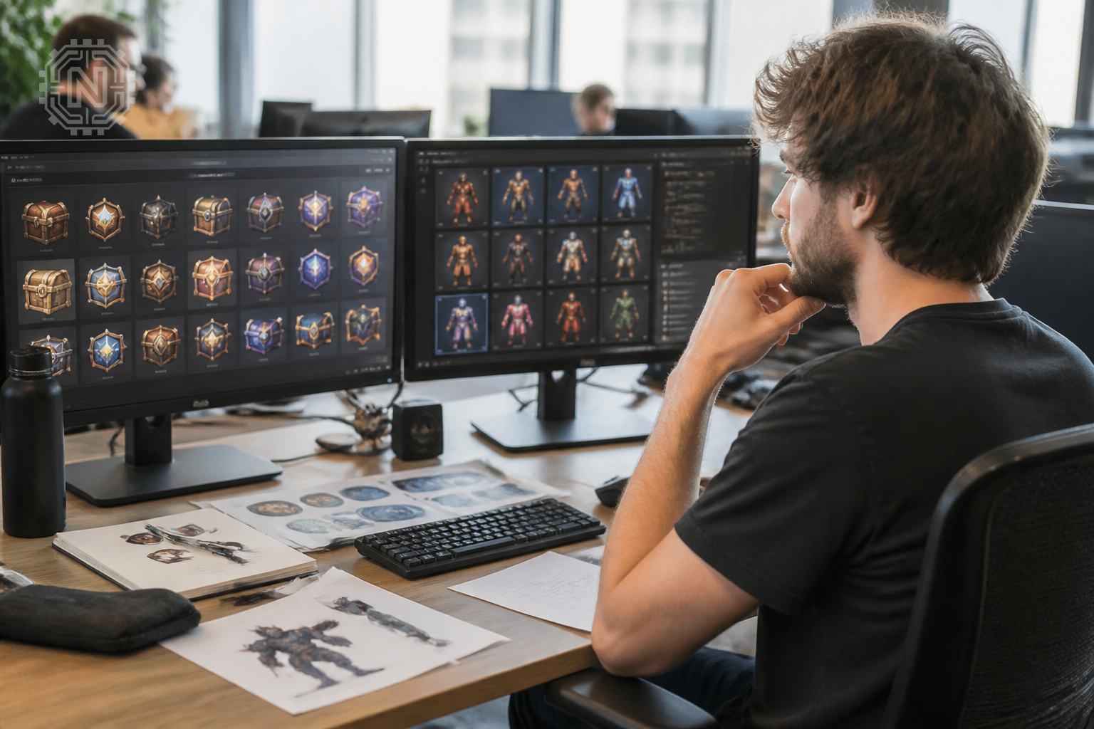 game developer working on reward mechanics in studio