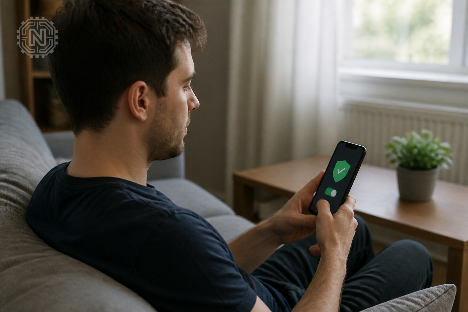 User activating VPN on smartphone for privacy protection